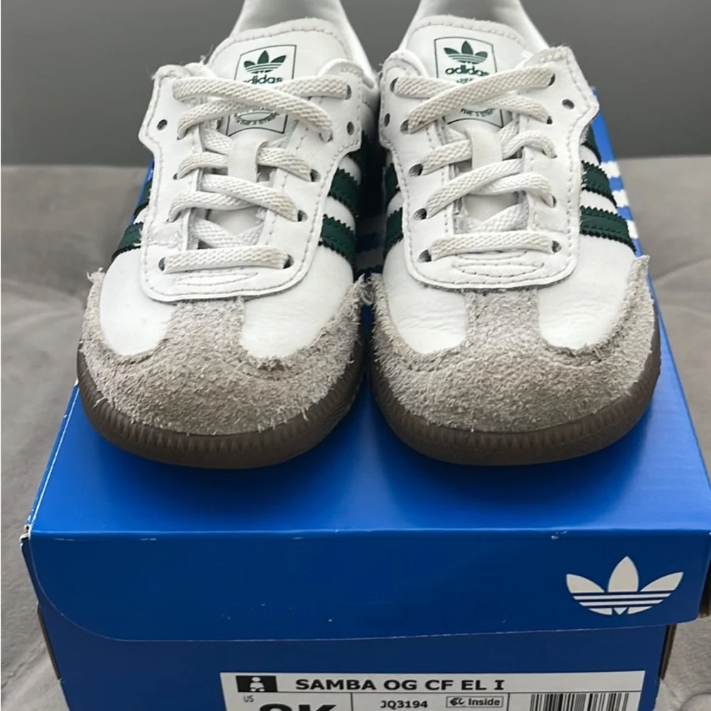 adidas Kids Samba OG White with Green Stripes and Blue Heel